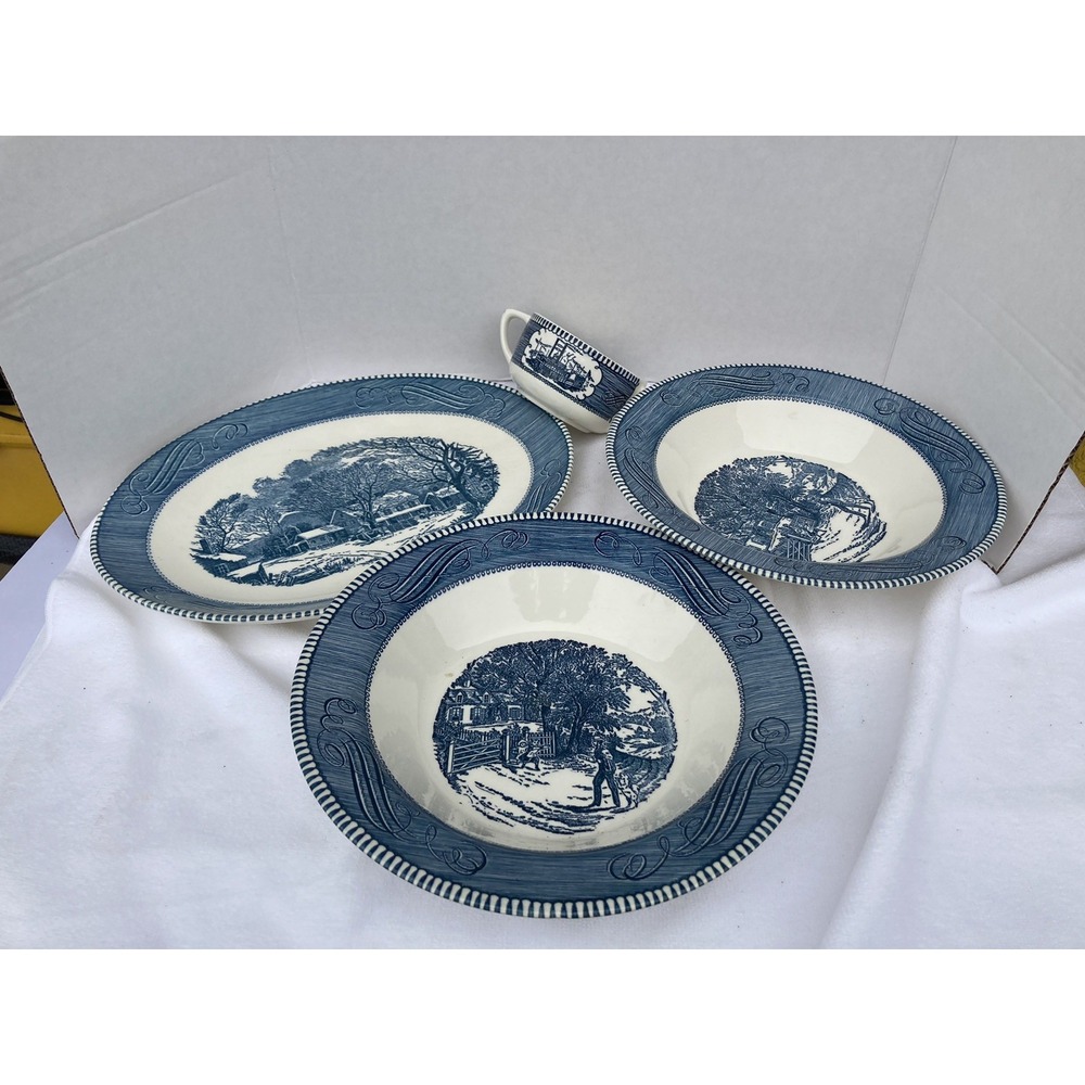 Vintage Royal China Currier Ives Blue "Home, Sweet Home Serving Bowl 4Set Bundle